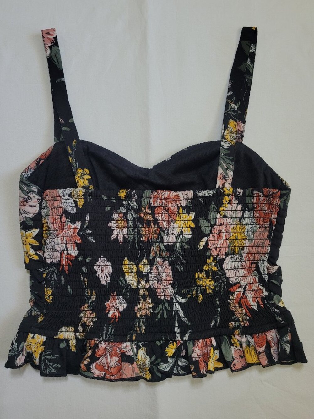 BOG Collective Black Floral Smocked Ruffle Crop Top Tank Small Boho - Picture 7 of 9